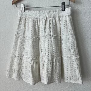 White Ruffle Eyelet Mini Skirt Elastic Waist - Size Small